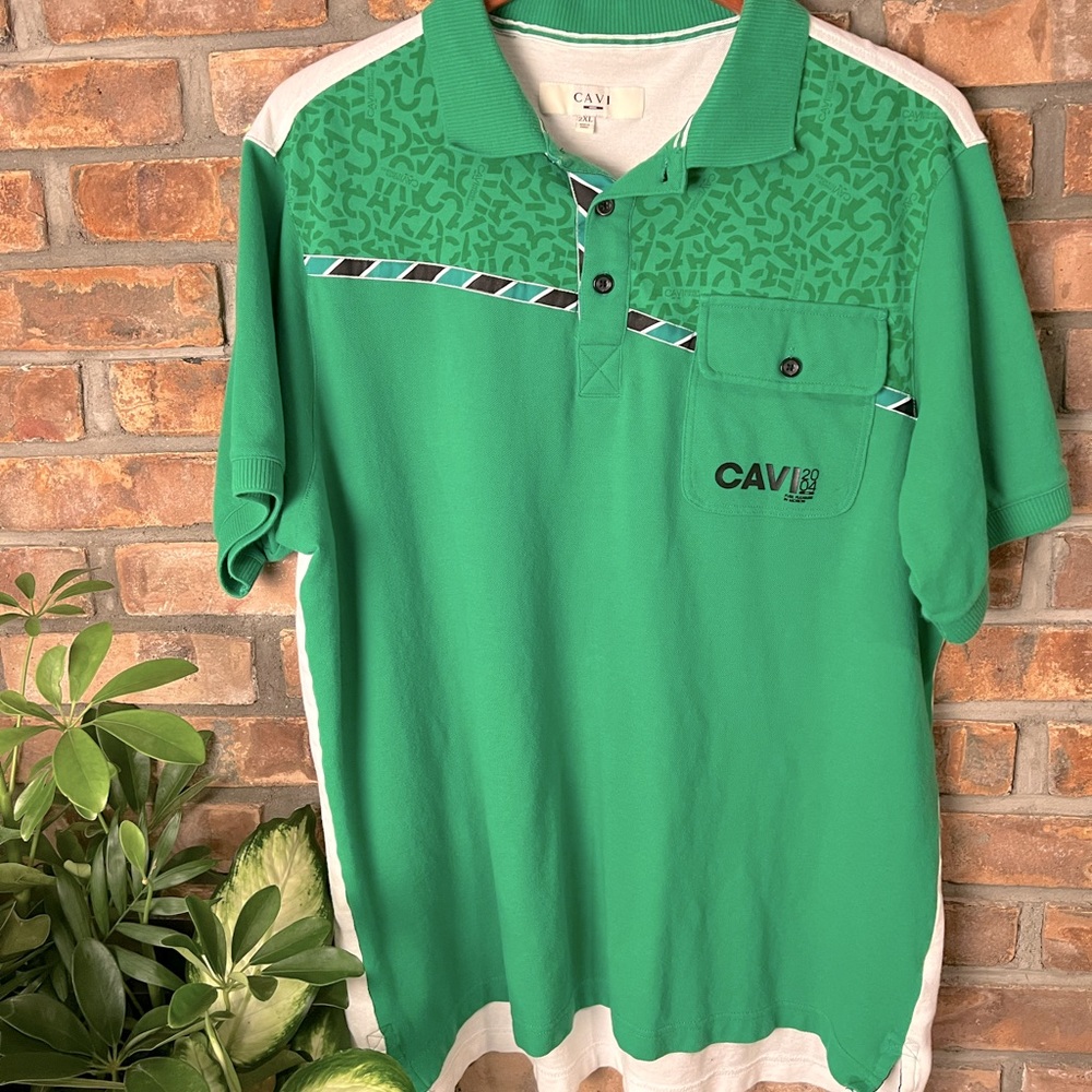 CAVI MEN’S GREEN, WHITE, & BLACK SS POLO. GOOD CONDITION. SIZE XL